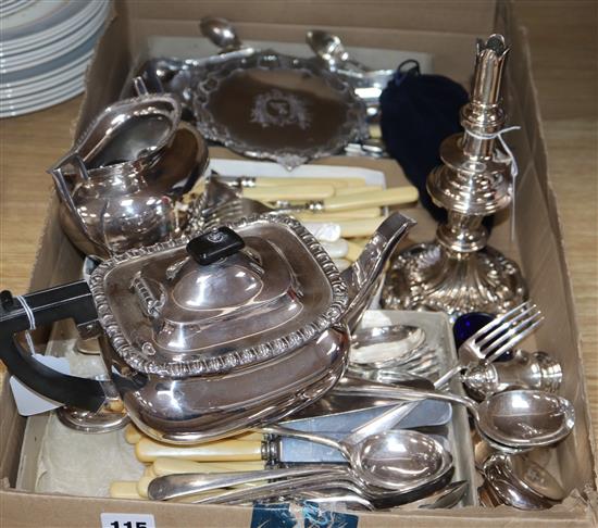 A set of six Victorian silver teaspoons, a three-piece matched silver condiment set and sundry plated items